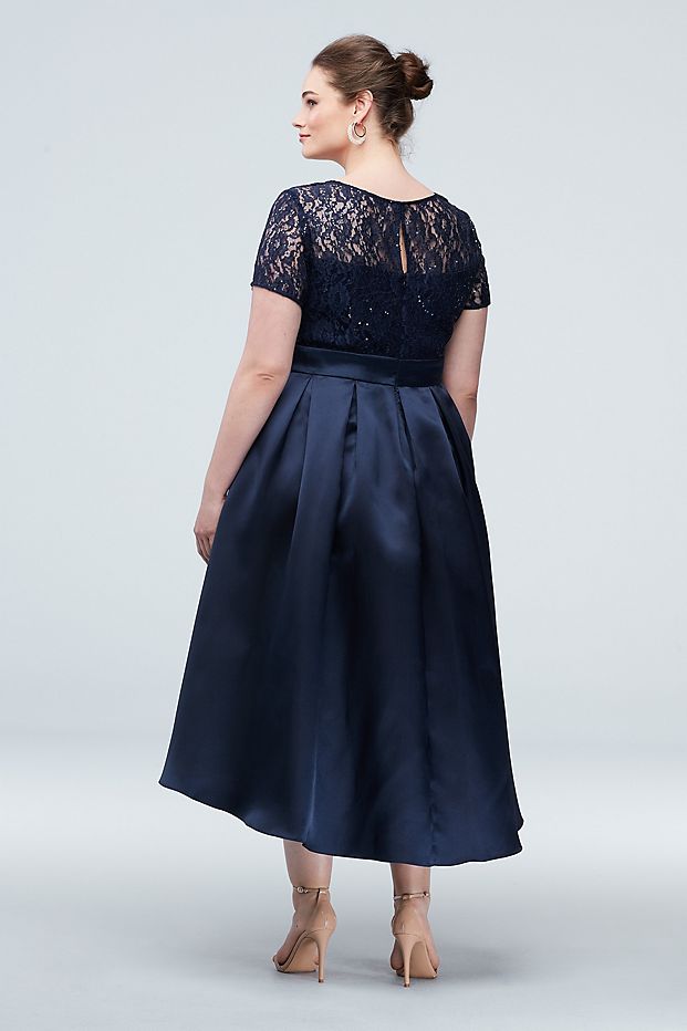 High Navy Blue Low Lace Plus Size Prom Dresses A Line Sheer Jewel Neck Sequined Evening Gown Short Sleeves Satin Formal Dress