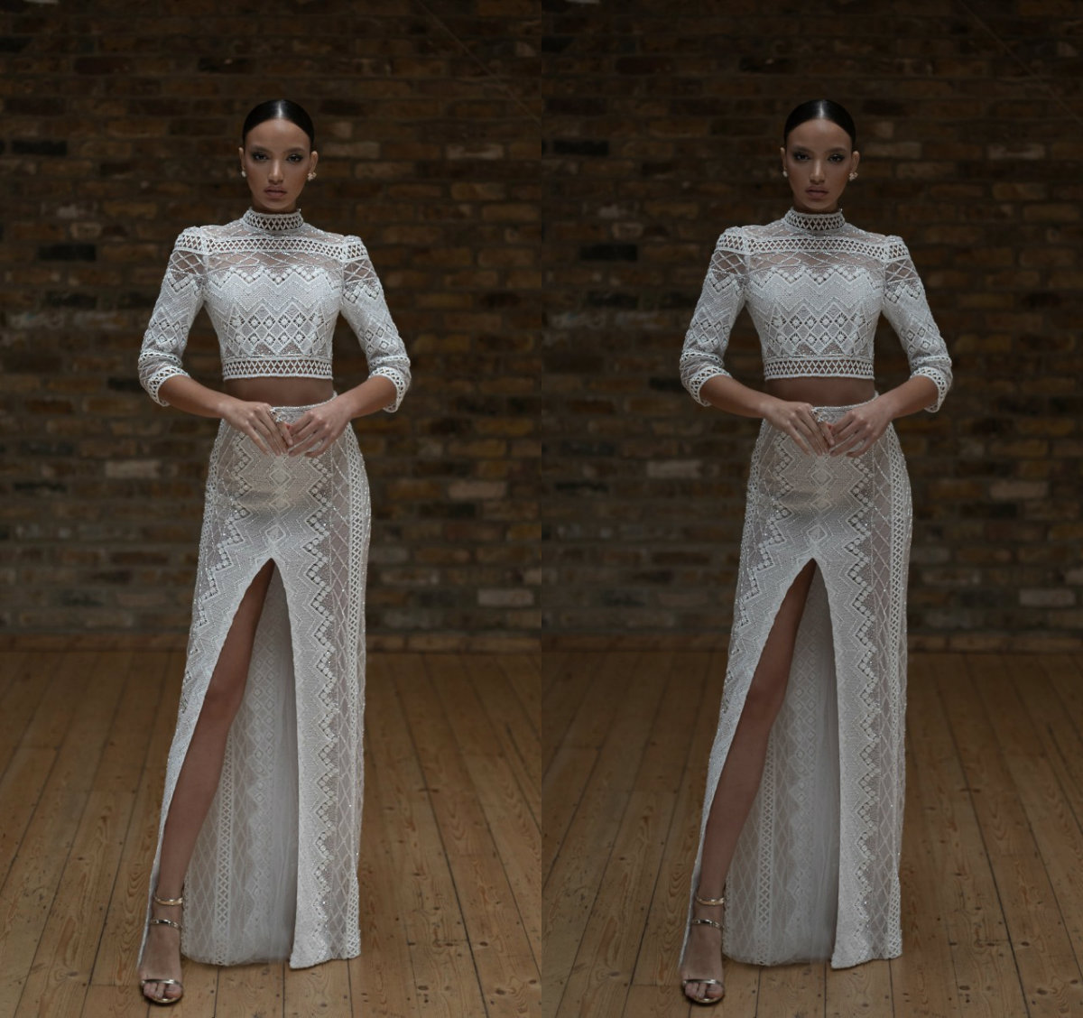 Charchy Mermaid Wedding Dresses Two Pieces Long Sleeve High Neck Tulle Lace Crystal Applique Princess Gown Floor Length Split Bridal Gowns