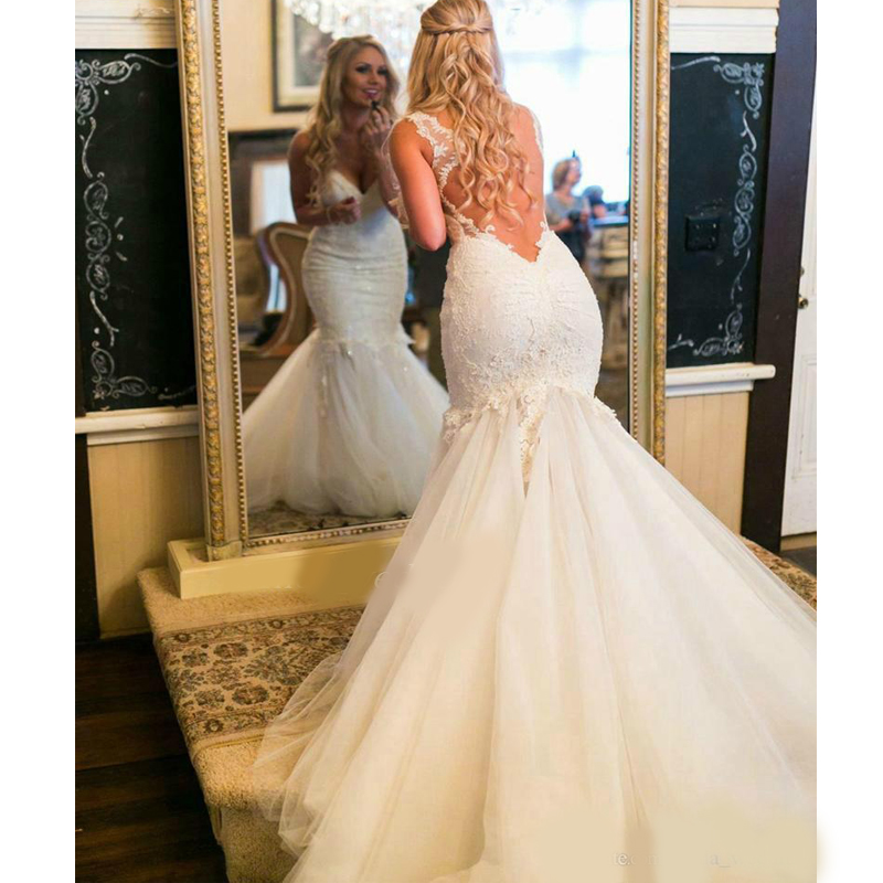 2020 High Quality Lace Appliqued Mermaid Wedding Dress Pleated Tulle Long Bridal Gown Plus Size Custom Made