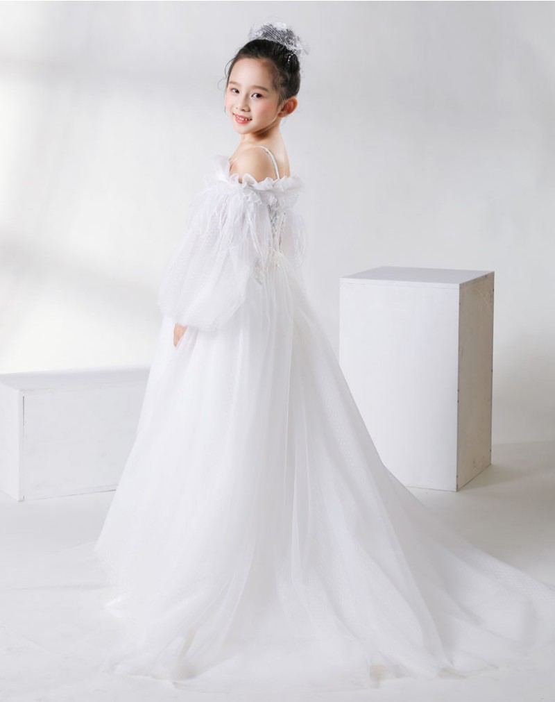 Lovely A Line Flower Girls' Dresses White Spaghetti Tulle Pageant Dresses Applique High Low Chiffon Dress For Wedding