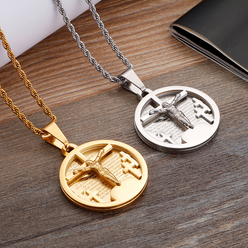 Jesus Cross Pattern Pendant Necklace Jewelry Round Shape Stainless Steel Gold Plated Pendants Men Women Religious Jewelry