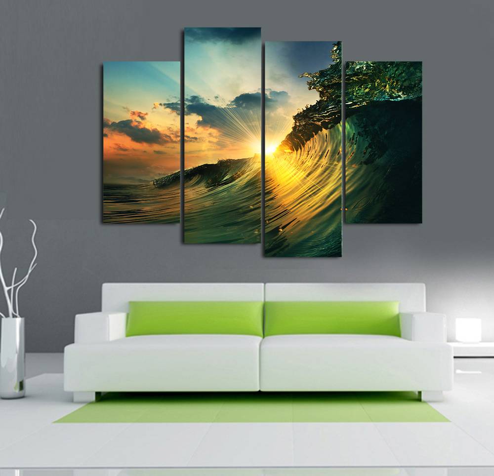 4pcs/set Unframed Moving Wave Under the Sunshine Print On Canvas Wall Art Picture For Home and Living Room Decor