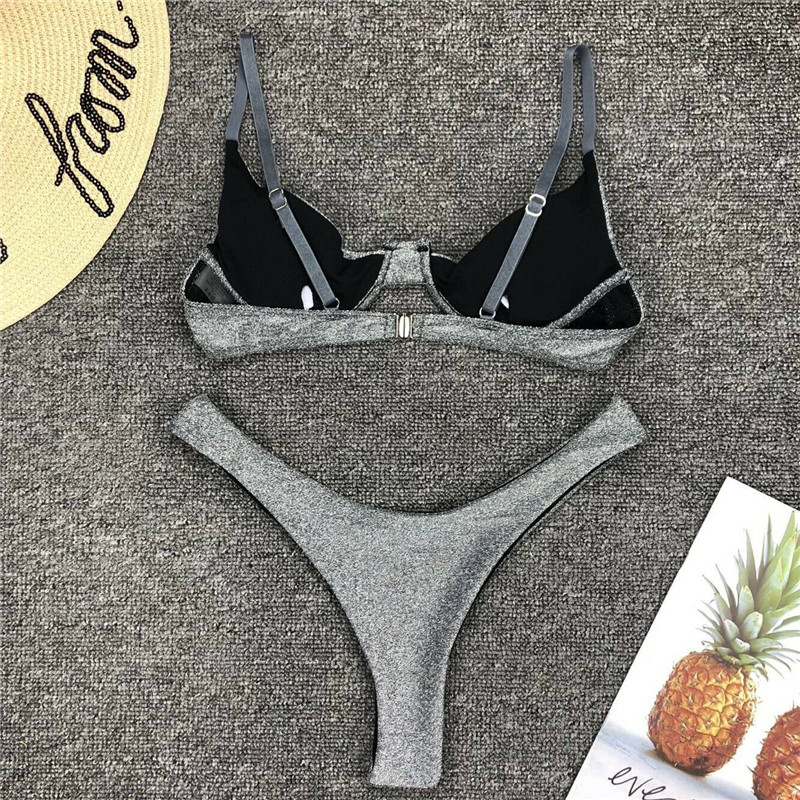 New 2019 Fashion Summer Women Sexy Padded Push Up Bra Underwire Shinny Bikinis Sets Swimsuit Push-up Swimwear Sliver Bikini Set1