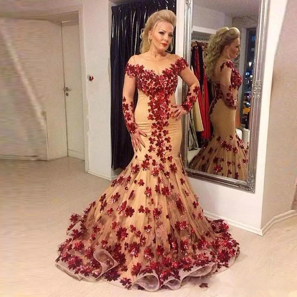 Plus Size Mermaid Prom Dresses Long Sleeve Lace Appliques Evening Gowns Caftan Mother Of The Bride Dress robes de soirée