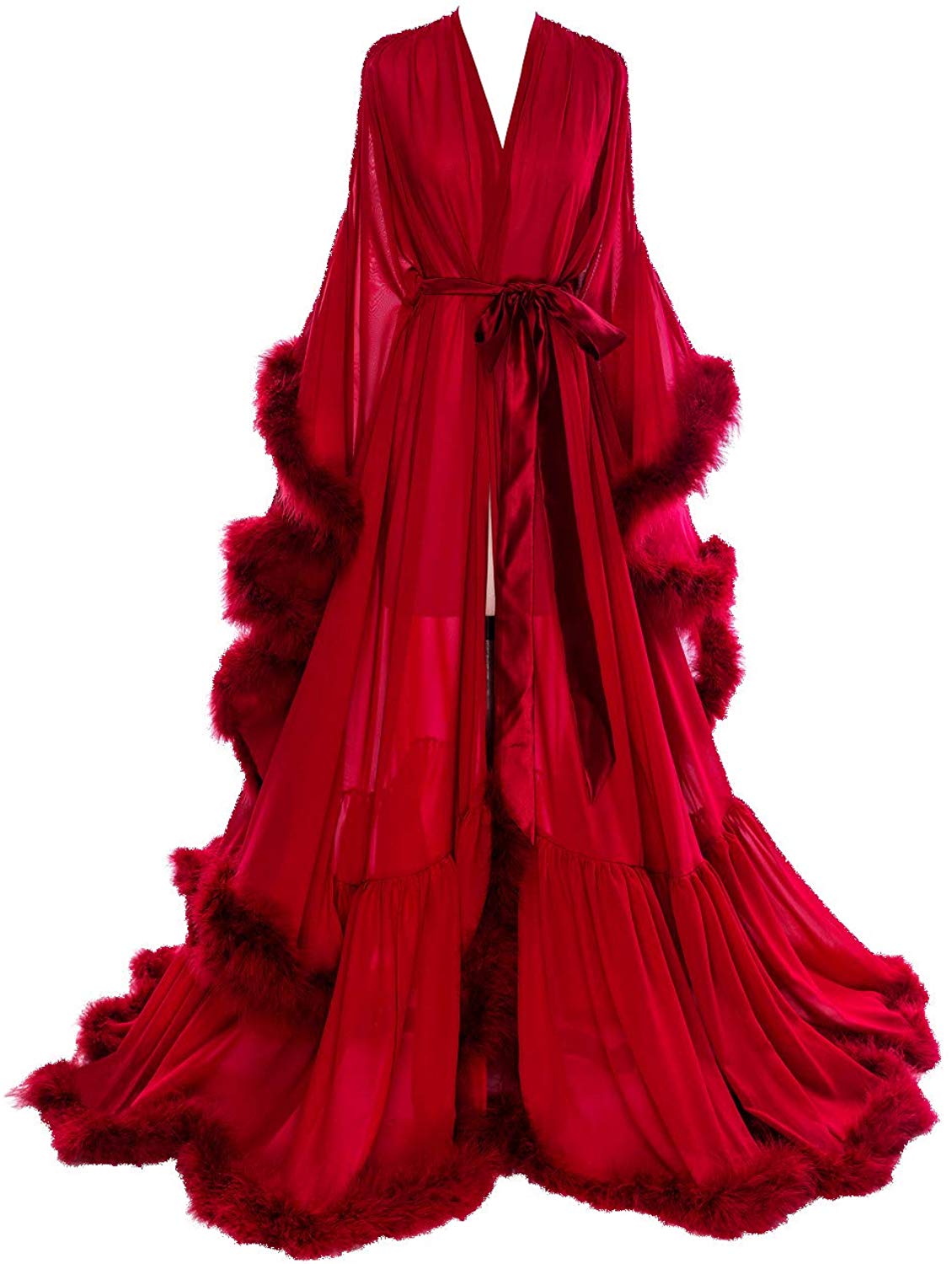 sexy feather chiffon evening robe v neck bridal robe wedding scarf long lingerie robe nightgown bathrobe sleepwear with belt