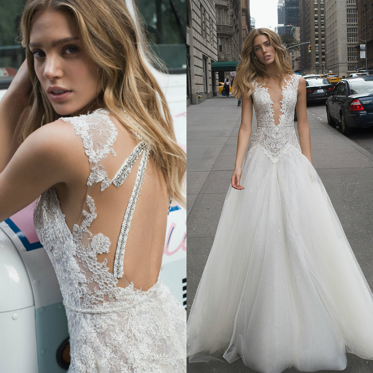 Netta Ben Shabu A Line Wedding Dresses Deep V Neck Lace Appliques Tulle Boho Wedding Dress Tulle Backless Beaded Wedding Dress