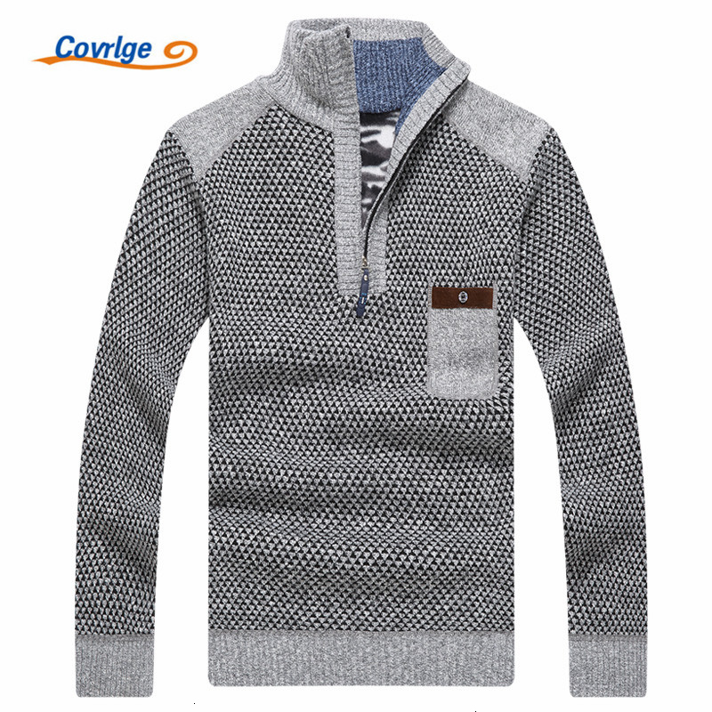 Covrlge Warm Thick Velvet Cashmere Sweaters Men Winter Pullovers Zipper Mandarin Collar Man Casual Clothes Big Size 3XL MZM046MX190926