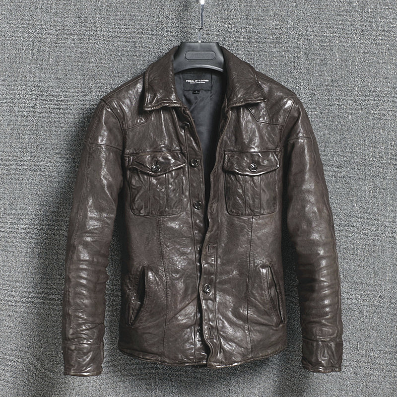 Genuine Leather Jacket Vintage Slim Men's Leather Jacket Men Motorcycle Sheepskin Coat Short Jaqueta Couro 16301888M01-2 YY411