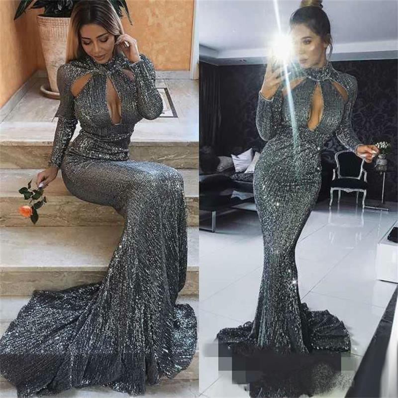 2019 Luxury Mermaid Prom Dresses High Collar Keyhole Neck Full Sequins Long Sleeve Evening Dress with Ruffles Sweep Train Formal Party Gowns