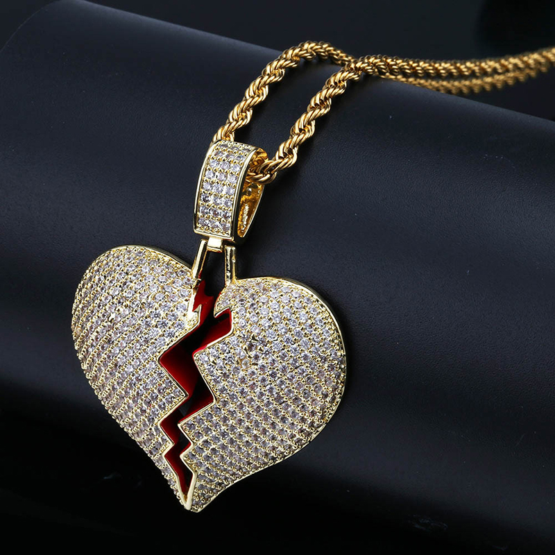 High Grade Broken Heart Pendant Necklace Mens Hip Hop Jewelry with Zircon Stainless Steel Chain Jewelry Wholesale