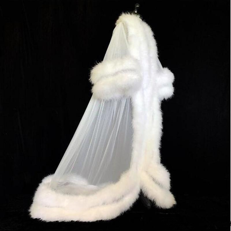 White Double Deluxe Women Robe Fur Nightgown Bathrobe Sleepwear Bridal Robe Marabou/Charmeuse Dressing Gown Party Gifts Bridesmaid Dress