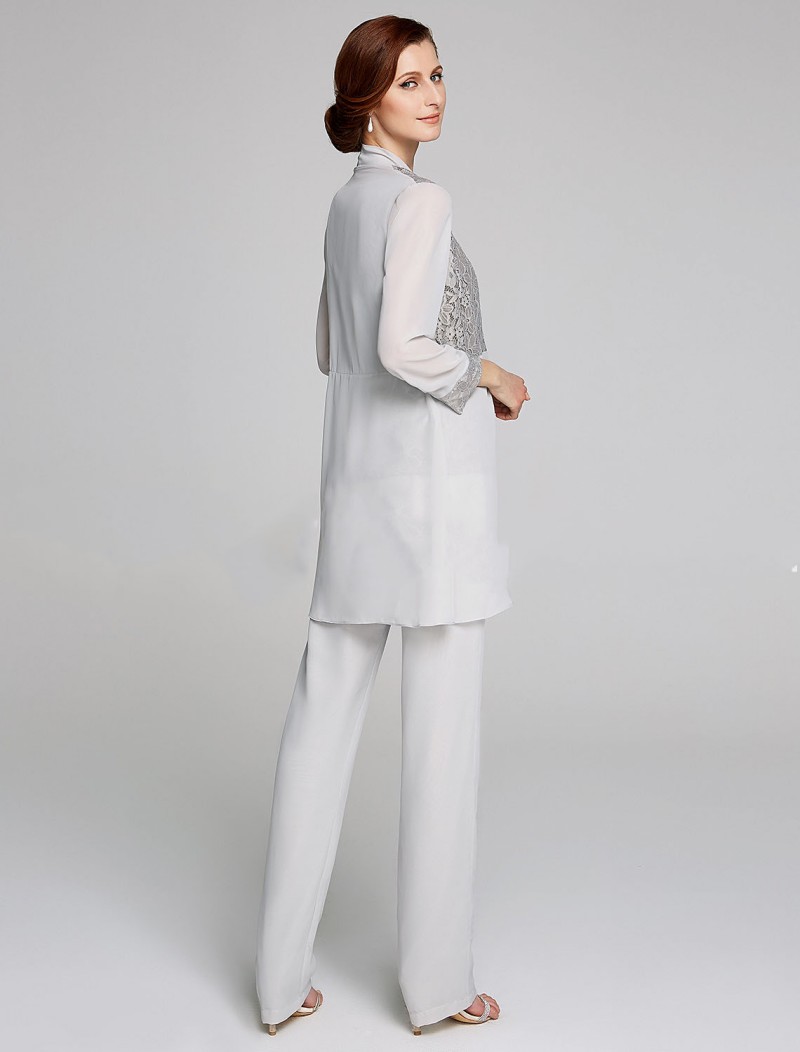 Plus Size Mother Of The Bride Pant Suit 3 Piece Chiffon for Beach Wedding Dress Mother's Dress Long Sleeves Chiffon Silver Evening Gowns