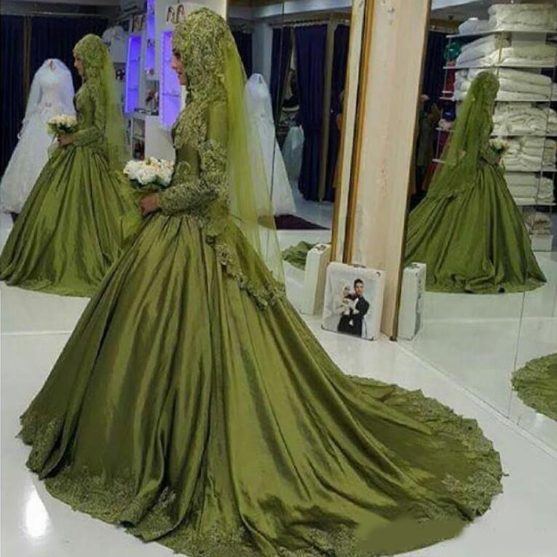 Robe De Mariage 2020 Green Muslim Wedding Dress Long Sleeve Saudi Arabia High Neck Applique Wedding Dresses Vestido De Noiva Free Shipping