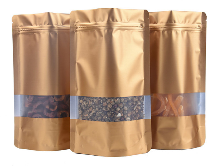 100pcs Stand up Matte Gold Aluminum Foil Window Zip Lock Bag Golden Resealable Meat Coffee Powder Snack Nuts Xmas Gifts Heat Sealing Packaging Pouches