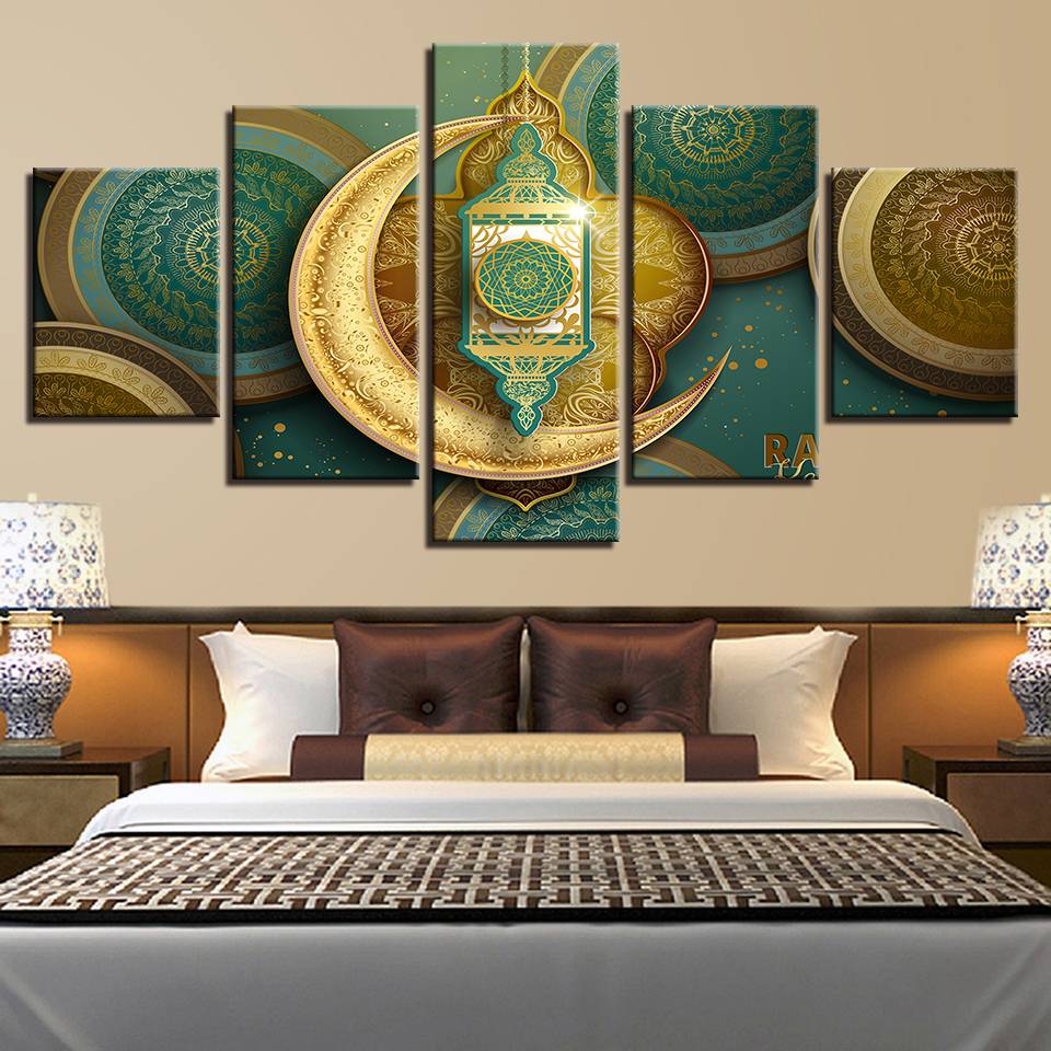 Decoration Living Room Wall Art Paintings 5 Pieces HD Printed Islamic Muslim Mosque Ramadan Poster Canvas Pictures (No Frame)