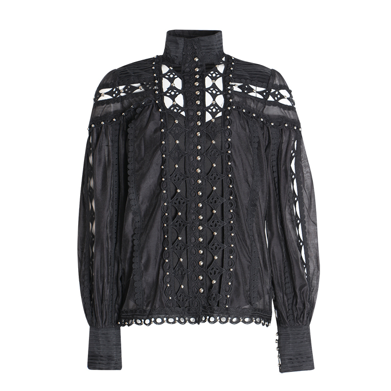 TWOTWINSTYLE Sexy Beading Patchwork Women Blouse Stand Collar Lantern Sleeve Hollow Out Shirt Female Fashion Summer 2019 New V191130