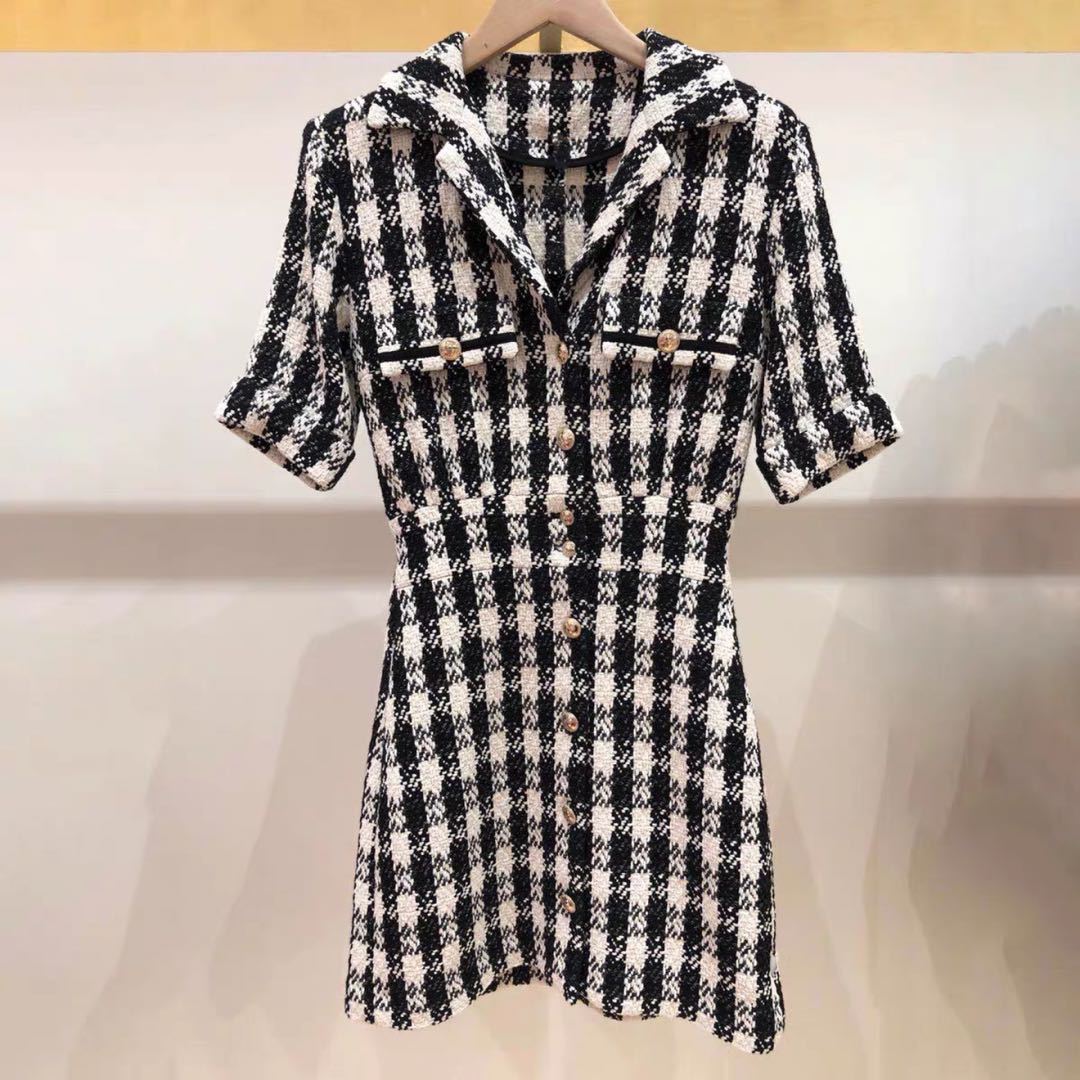2020 Spring Summer Short Sleeve Notched-Lapel White Black Plaid Print Tweed Buttons Short Mini Dress Women Fashion Dresses W1815062