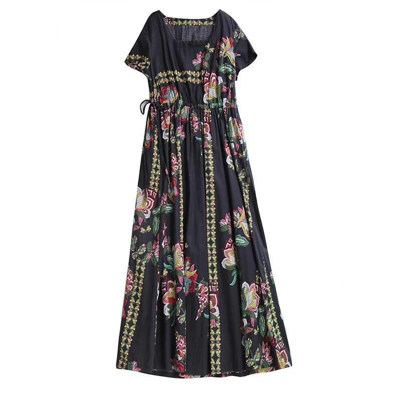 Summer Asian casual dress light thin cotton hemp lace waist closing Dress temperament square collar short sleeve big swing Robe