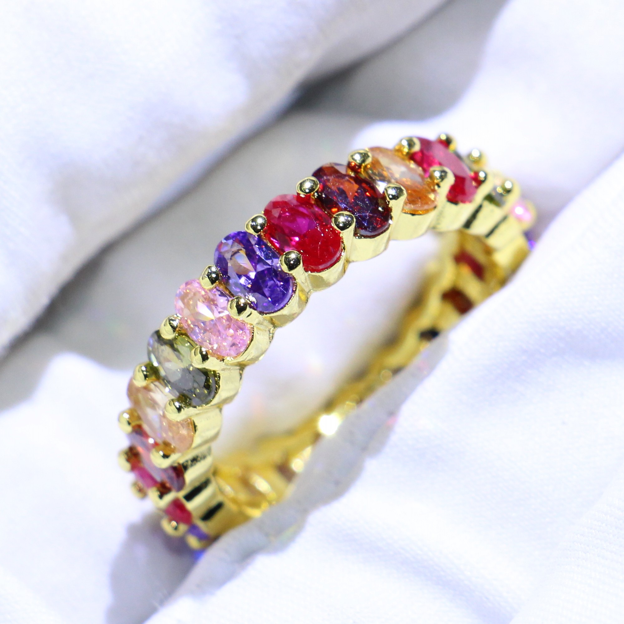 2019 Top Selling Deluxe Jewelry 925 Sterling Silver&Gold Fill New Oval Cut Multi Topaz Gemstones Wedding Engagement Band Ring for Women