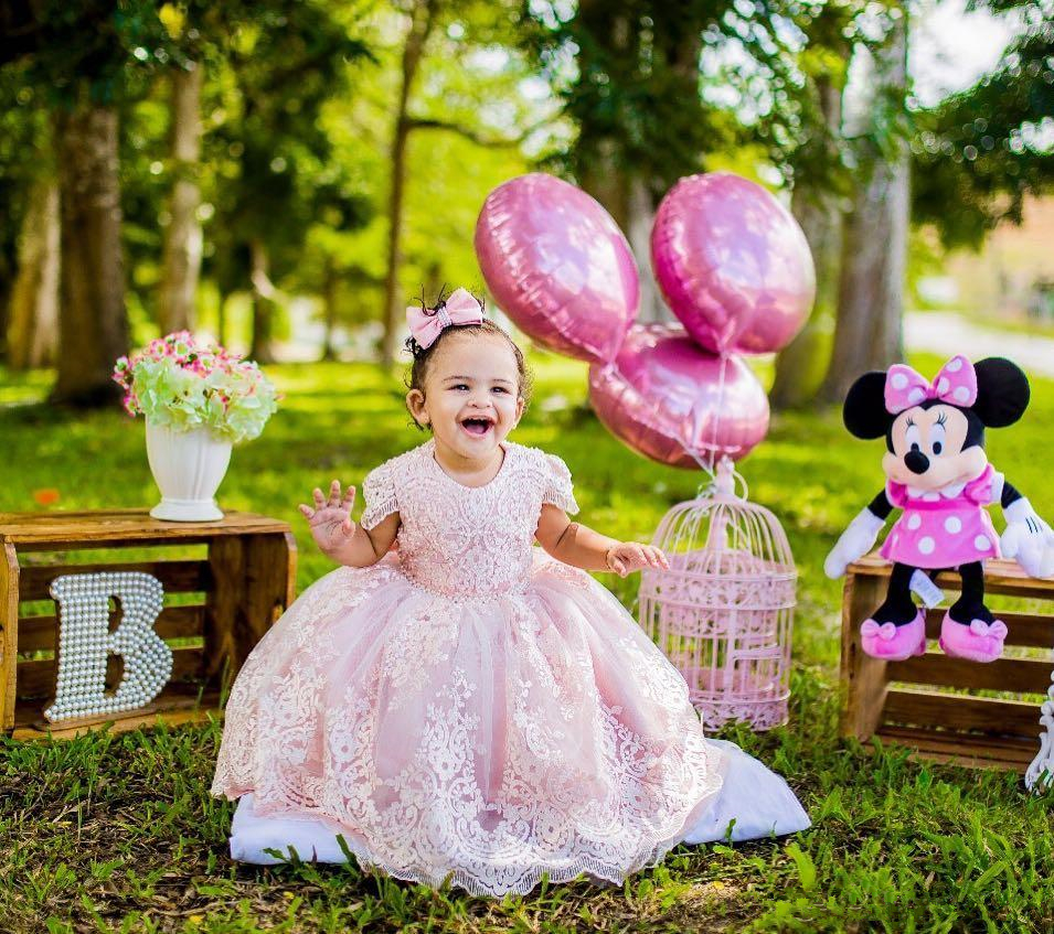 Pink Princess Flower Girl Dress Short Sleeve Lace Beads Ball Gown Girls Pageant Gowns First Communion Dress For Wedding Prom Party Dress