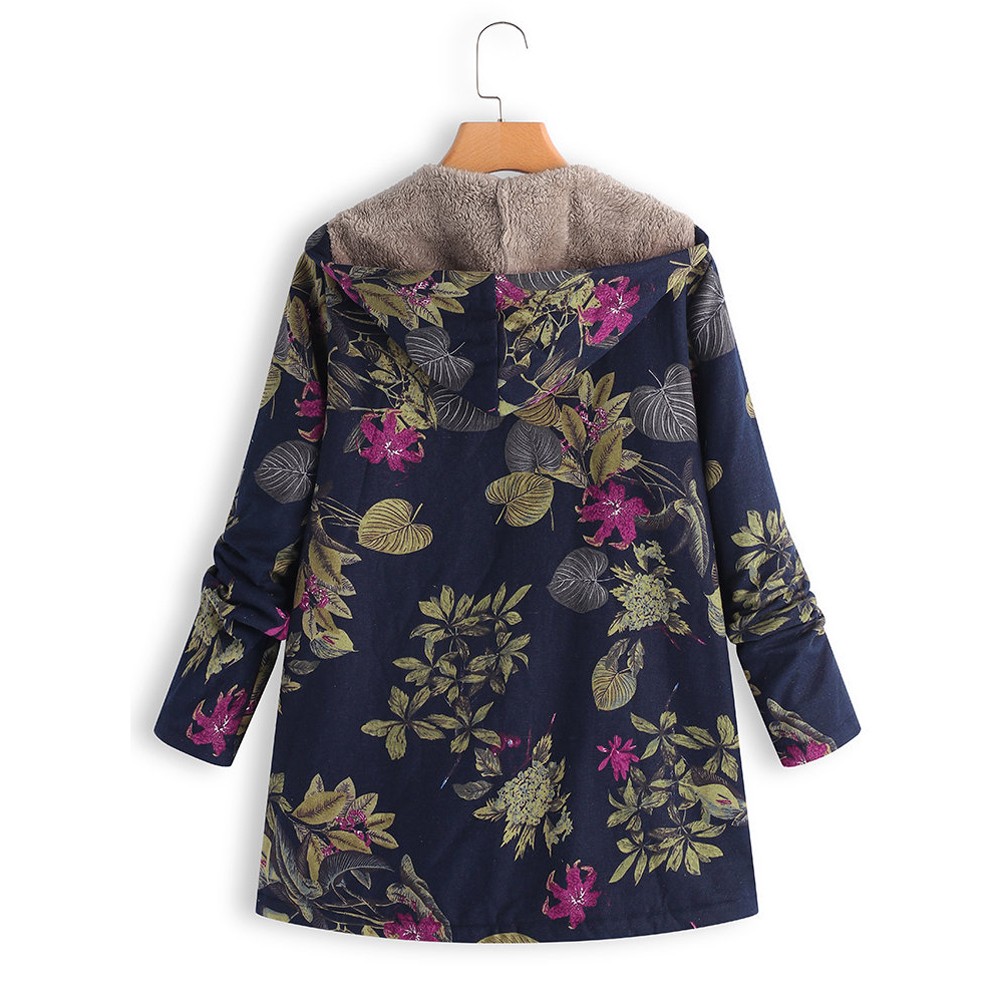 Vintage Womens Winter Warm Parkas Coat Retro Causal Outwear Floral Print Hooded Pockets Oversize Coats Outerwear Fem