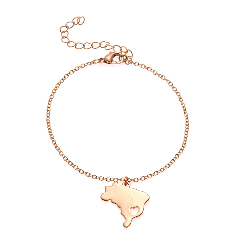 5PCS South America Country Geography Map Brazil Charm Chain Bracelets Brazilian Brasil Pride Heart Sao Paulo City Hometown Souvenir Gifts