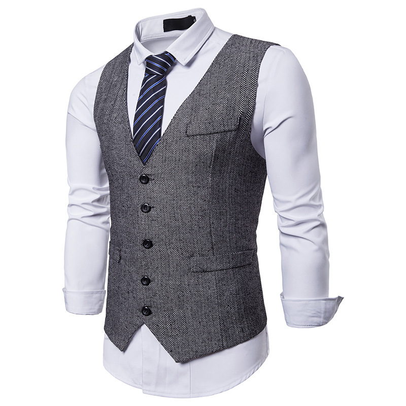 2019 Dark Gray Groom Vests Country Wedding Wool Herringbone Tweed Vest Slim Fit Men's Suit Vest Dress Coat Dress Waistcoat Farm Prom