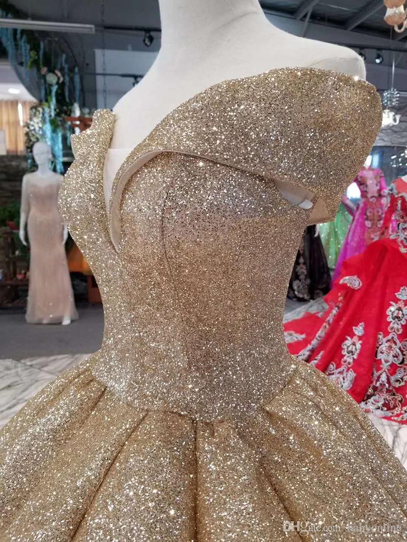 New Long Bling Gold Prom Dresses Sequins Ball Gown Quinceanera Dresses Off Shoulder Court Train Formal Evening Wear Dress Lace Up Back