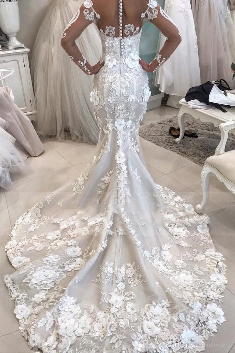 Elegant Mermaid Wedding Dresses Jewel Poet Long Sleeve Covered Button Applique Lace Bridal Dresses Court Train Abiti Da Sposa