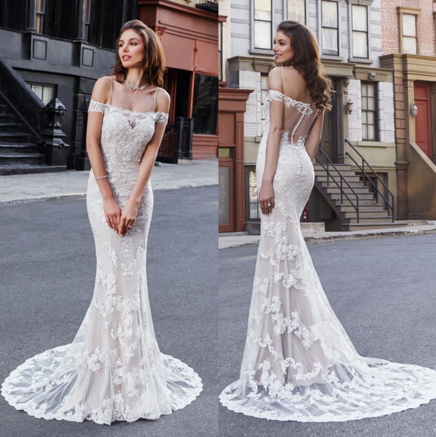 Lace Stunning Mermaid Wedding Dresses Off The Shoulder Bridal Gowns Sweep Train Trumpet Sheer Buttons Back Robe De Marie
