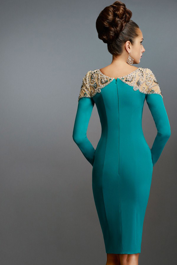 Elegant Janique Sheath Mother of The Bride Dresses Jewel Long Sleeve Crystal Wedding Guest Dress Knee Length Evening Gowns