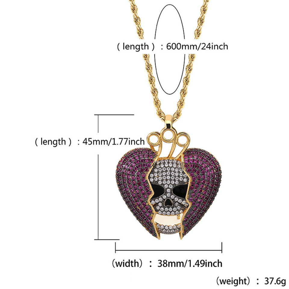 Personalized 18K Gold White Gold Plated Fully Iced Out Broken Heart Pendant Necklace CZ Cubic Zircon Diamond Hip Hop Jewelry Gift for Couple