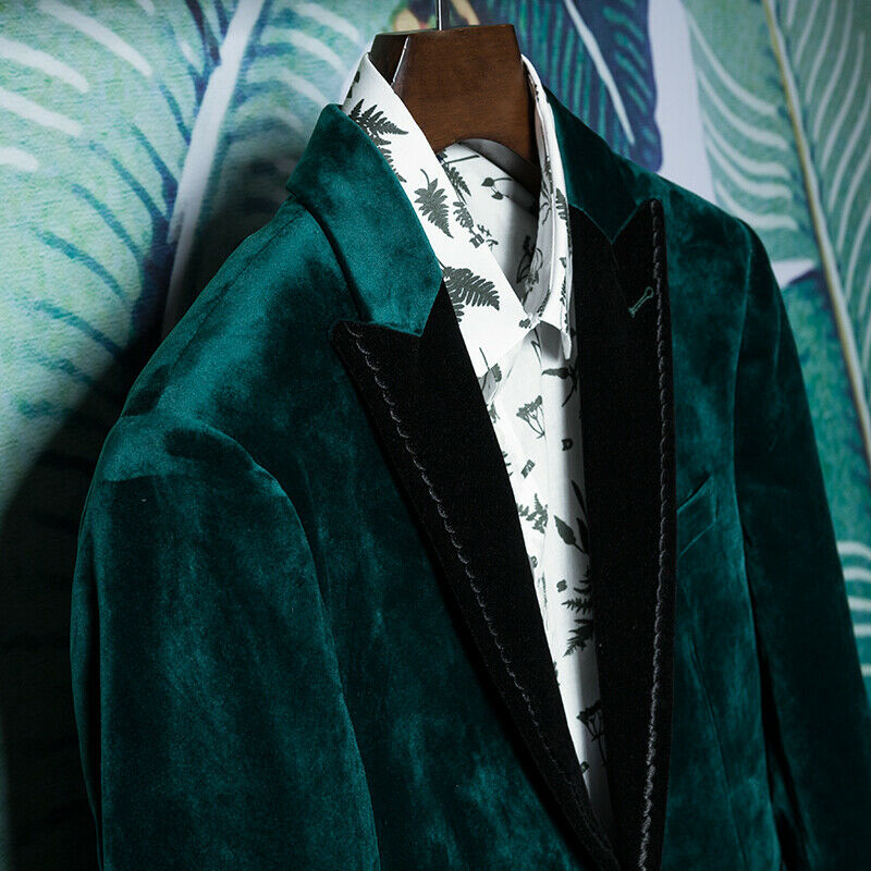 Dark Green Mens Velvet Suits Blazers One Button Groom Party Wedding Tuxedos Slim Fit Men Dinner Suit Jacket Prom Formal Wear