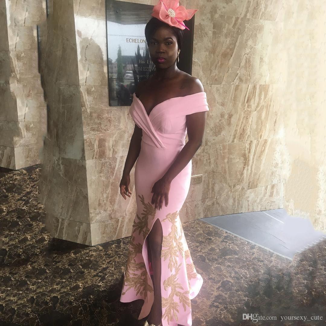African Pink Mermaid Bridesmaid Dresses With Lace Appliques Off Shoulder Side Split Satin Wedding Guest Dress Plus Size Maid Of honor Cheap