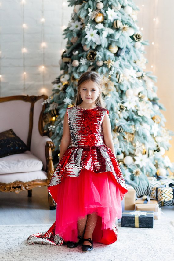 Christmas Flower Girl Dresses Sweep Train Sequins Jewel Neck A Line Girls Princess Dress Custom Made Cute Kids Formal Gowns Appliques