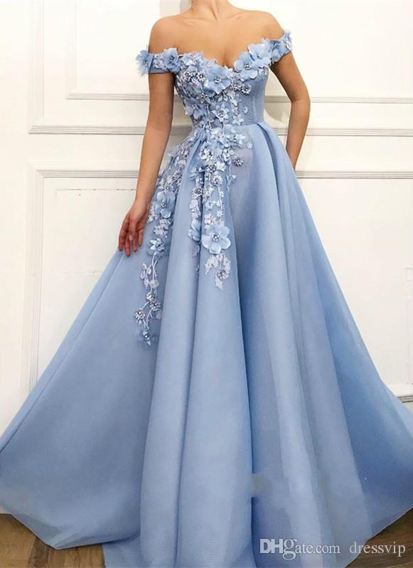 2020 Elegant Prom Dresses Lace 3D Floral Appliqued Pearls Evening Dress A Line Off The Shoulder Custom Made Special Occasion Gowns
