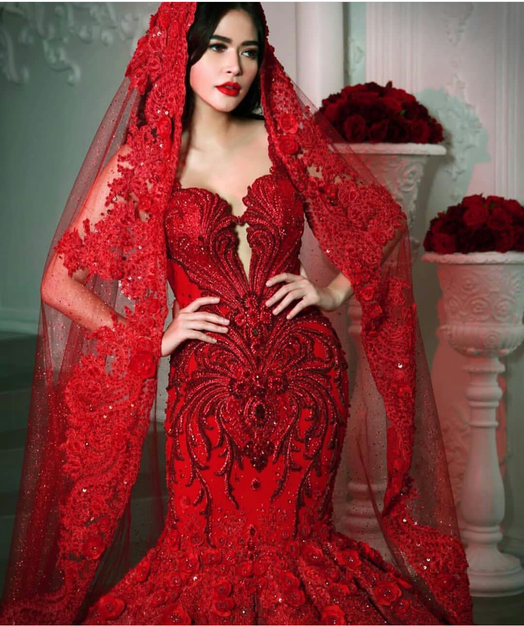 crystal red mermaid prom dresses beading spaghetti 3d flower appliques evening gowns floor length party dress robes de marie