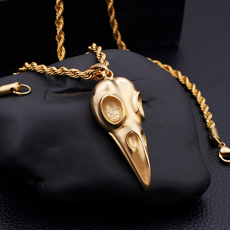 Skeleton Skull Bird Head Pendants Necklace Cool Men Punk Hip Hop 316L Stainless Steel 18K Gold Plated Jewelry