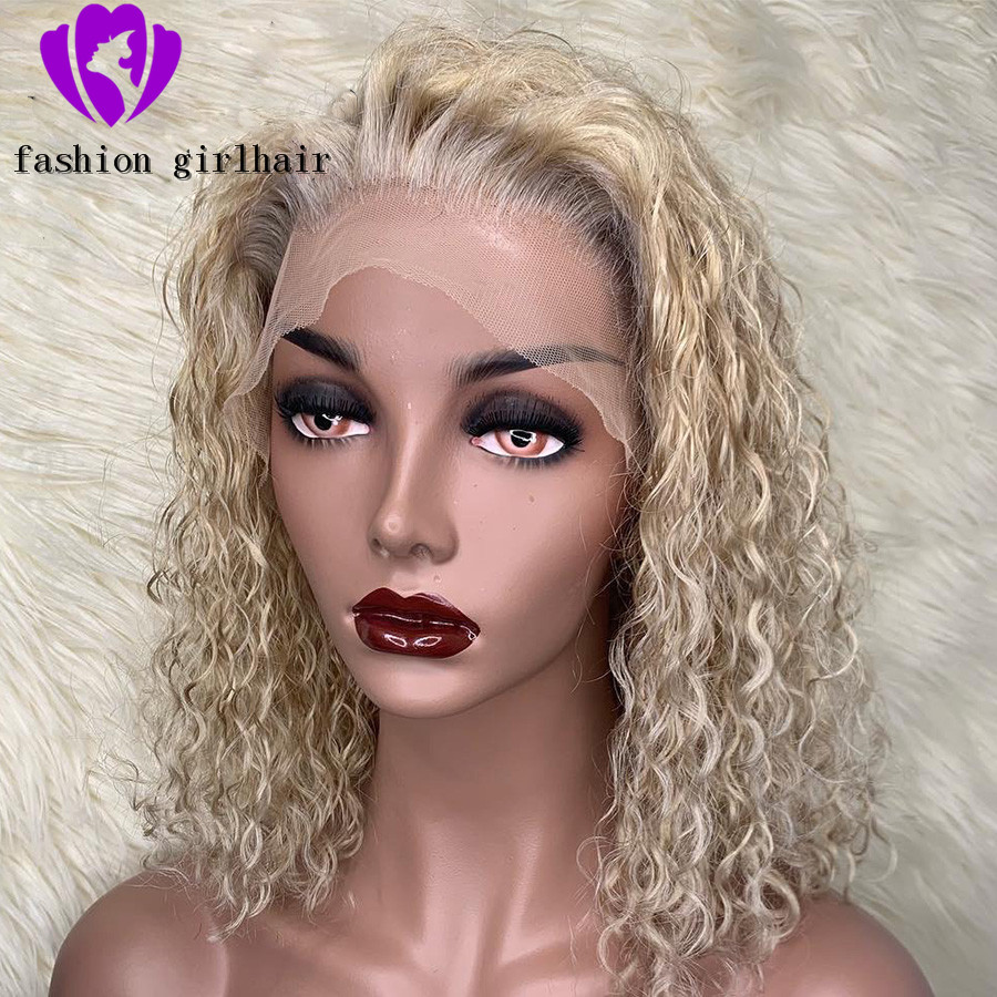 Free shipping 150% Blonde Curly 13*4 Side Parting Front Wig 613 Transparent Lace Colorful Short Bob synthetic Wigs heat resistant for white women