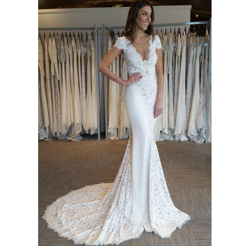 2020 Latest Short Sleeve V-neck Lace Mermaid Wedding Dresses Zipper Back Chapel Train Bridal Wedding Gowns Bride Dresses