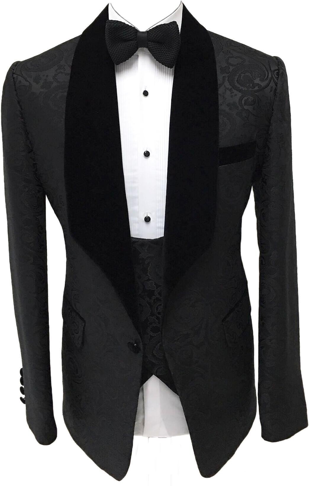 Latest Design One Button Black Embossing Wedding Men Suits Shawl Lapel Three Pieces Business Groom Tuxedos (Jacket+Pants+Vest+Tie) W1099