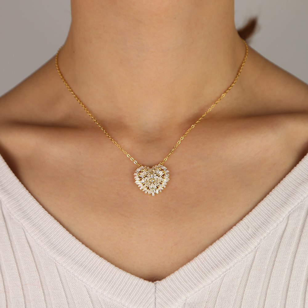 Baguette cz firework Heart pendant necklace for women gold silver high quality sparking bling cz collar