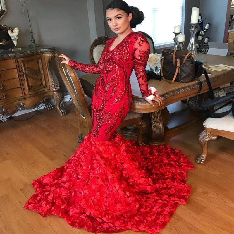 Sparkly Sequin Red Mermaid 3D Floral Train Prom Dresses 2020 Long Sleeves Sexy V-Neck Plus Size African Graduation Party Dress
Sparkly Sequin Red Mermaid 3D Floral Train Prom Dresses 2020 Long Sleeves Sexy V-Neck Plus Size African Graduation Party Dress