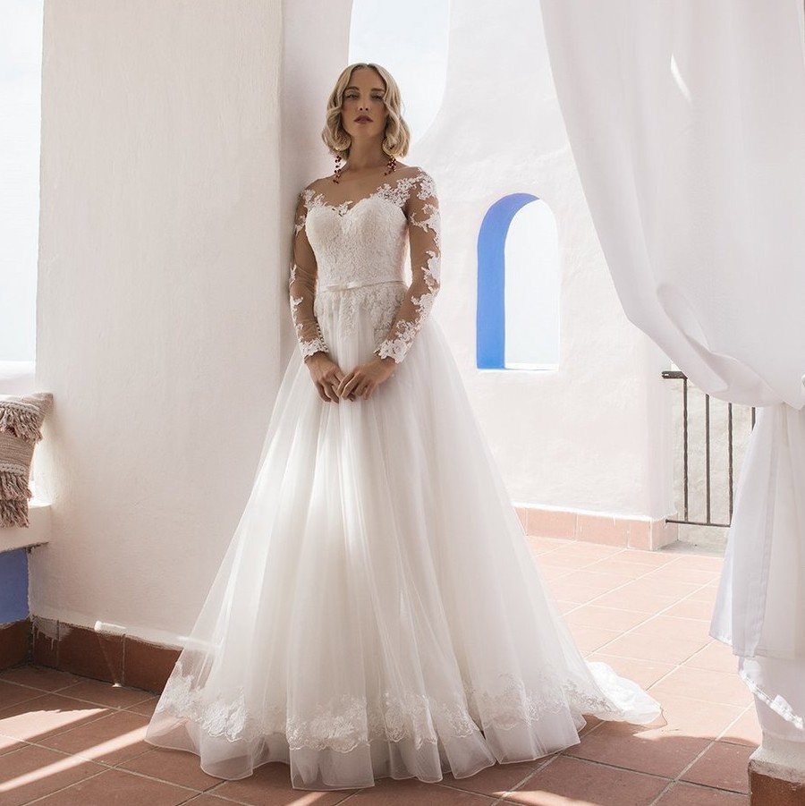 Line Cheap A Lace Wedding Dresses Sheer Bateau Neck Buttons Back Bridal Gowns Sweep Train Long Sleeves Robe De Marie