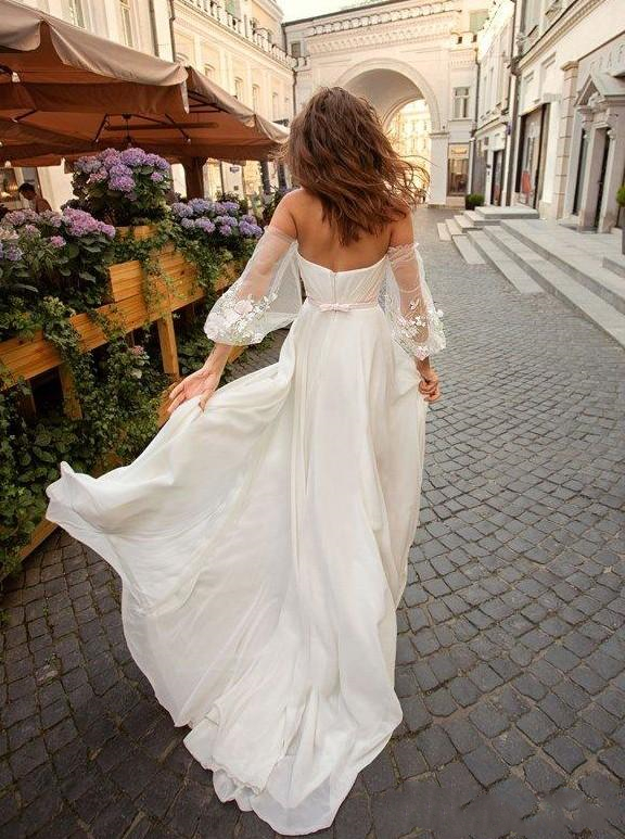 sexy beach sweetheart dresses lace bohemian wedding dress off the shoulder long sleeve side split boho bridal gowns