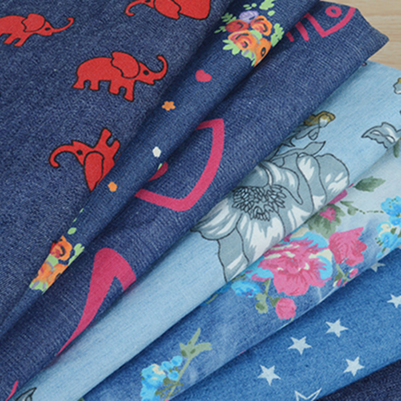 Wide 150cm Soft Thin Colored Printed Washed Cotton Denim fabric Blue jean material By the Half Yard For Pants Skirt Summer Shirt
