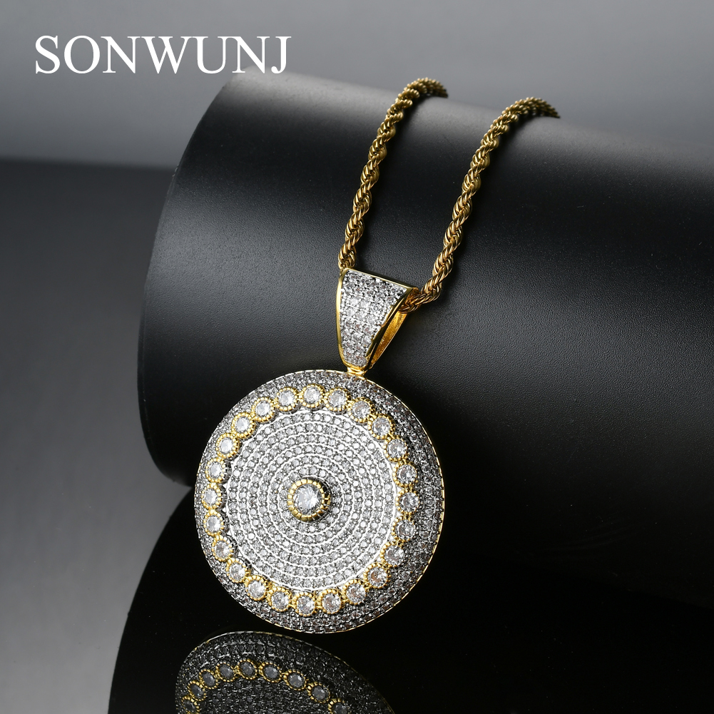 Wholesale- Hip Hop Disc Pendant Copper Micro pave with CZ stones Necklace Jewelry for men CN015