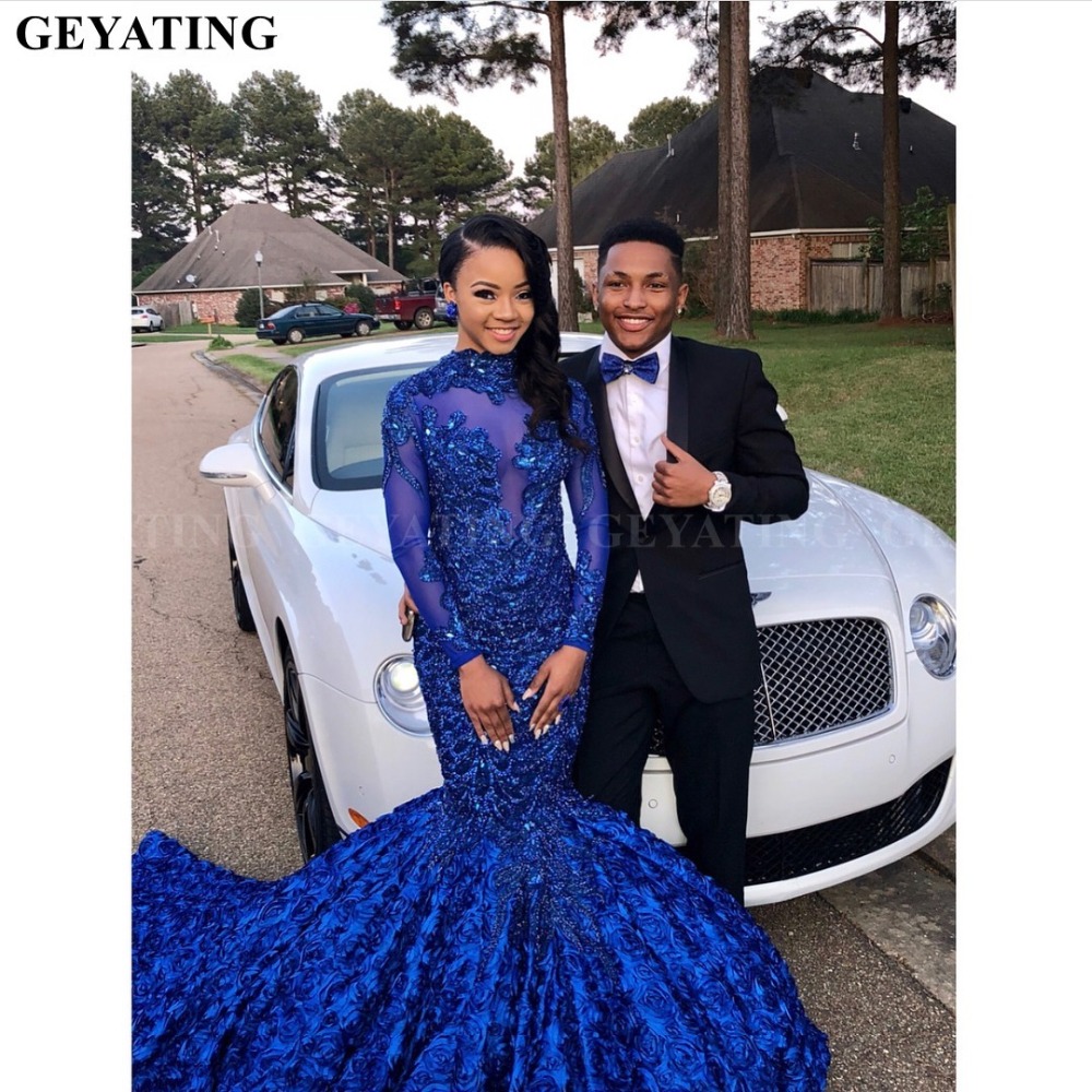 3D Flower Mermaid Royal Blue African Prom Dress Long Sleeves Chapel Train burgundy Beaded Crystal Plus Size Evening Graduation Party Dress