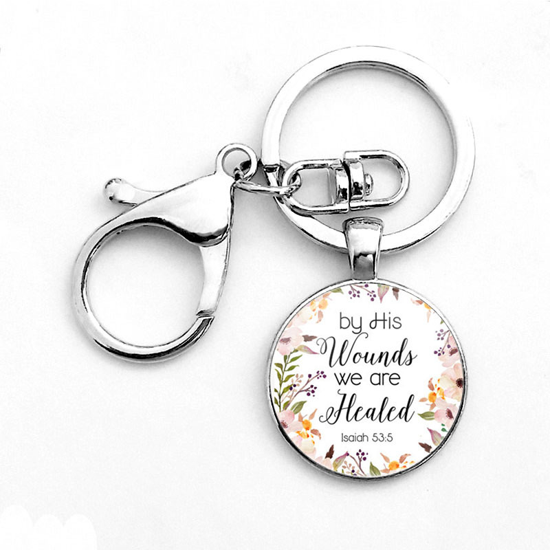 Classic Psalm Quote Key Chain Bible Verse Jewelry Fashion Glass Dome Flower Letter Christian Jesus God With US KeyChain