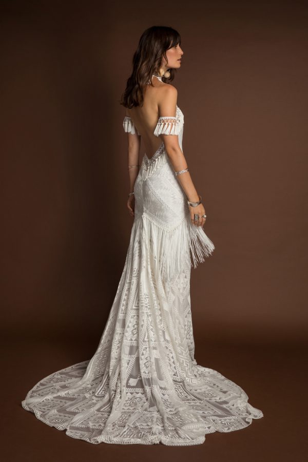 Punk Style Mermaid Wedding Dresses Halter Lace Appliqued Tassel Sweep Train Backless Vintage Bohemian Wedding Dress Custom Made Bridal Gowns